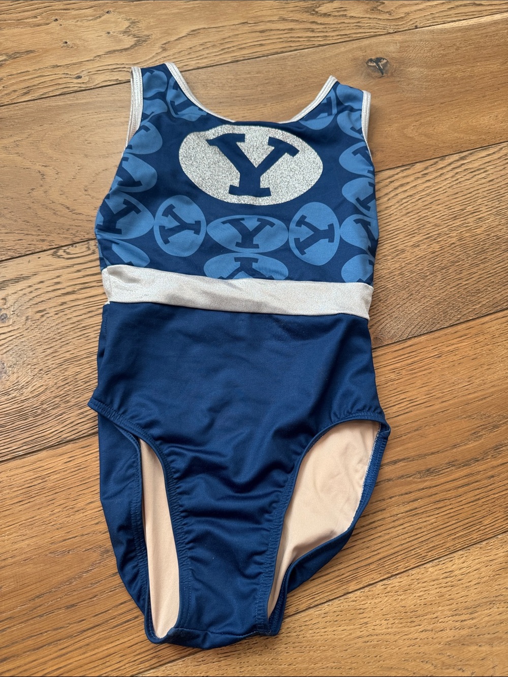 Girls' Navy Blue BYU Logo Gymnastics Leotard with Silver Accent